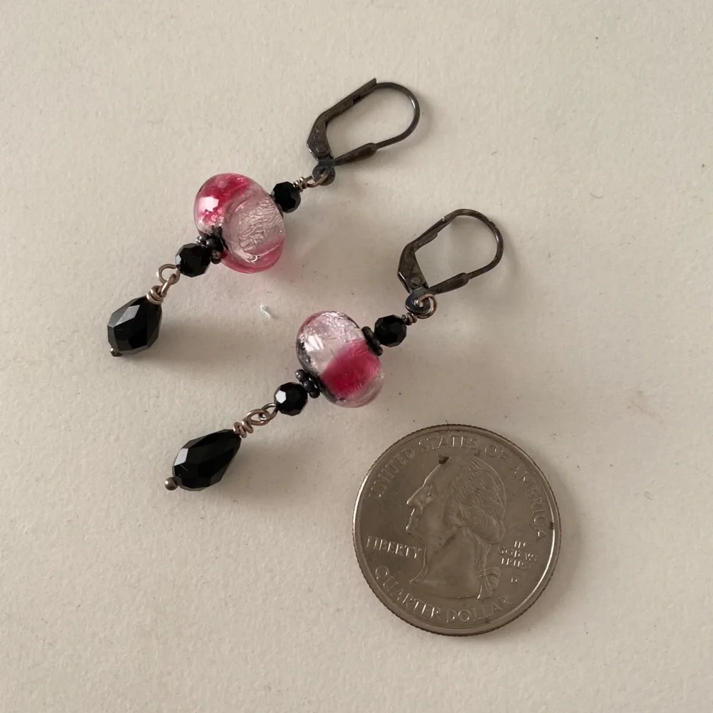 NEW 925 Sterling Silver Black crystal & Pink handblown glass earrings, handmade